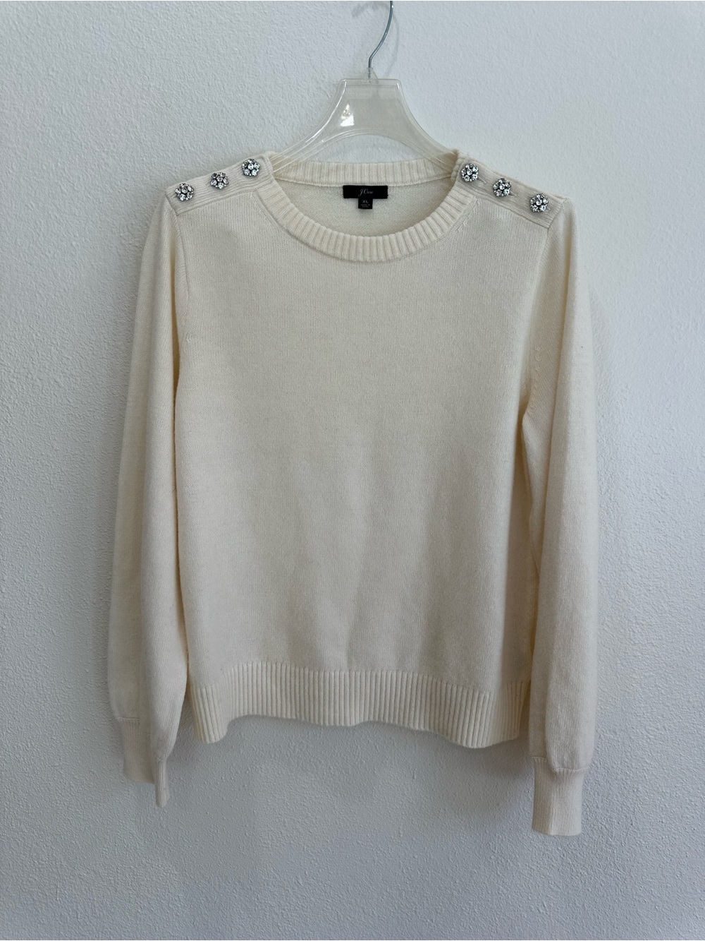 J. Crew Cream Wool Blend Crystal Embellished Shoulder Sweater - Women's Size XL
